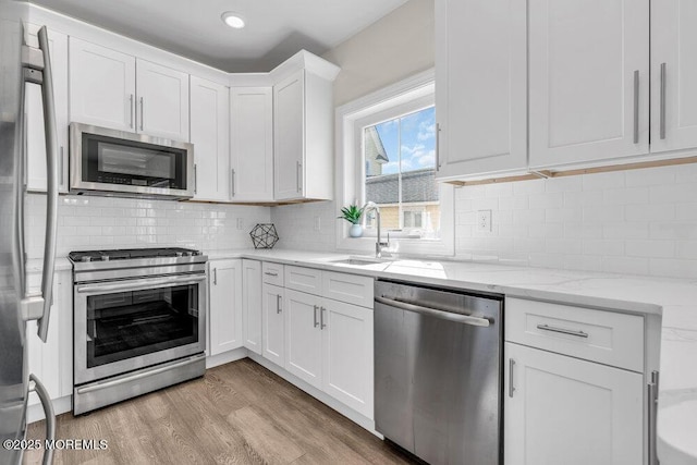 kitchen featuring white cabinets, a sink, stainless steel appliances, light wood-type flooring, and backsplash