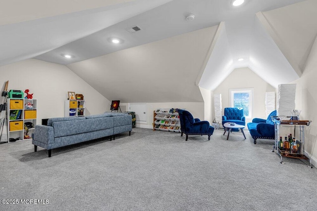 interior space with carpet, lofted ceiling, and recessed lighting