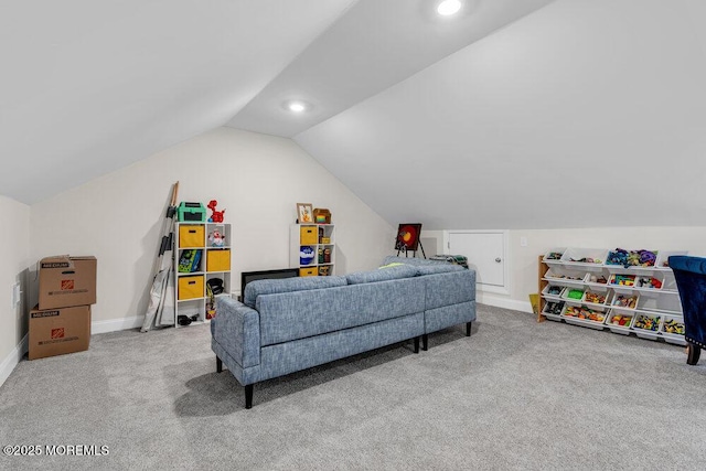 living room with baseboards, vaulted ceiling, carpet flooring, and recessed lighting