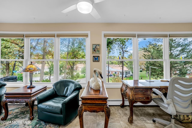 interior space with ceiling fan and a baseboard heating unit