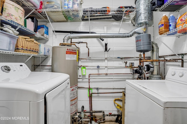 washroom featuring water heater, laundry area, and washer and clothes dryer