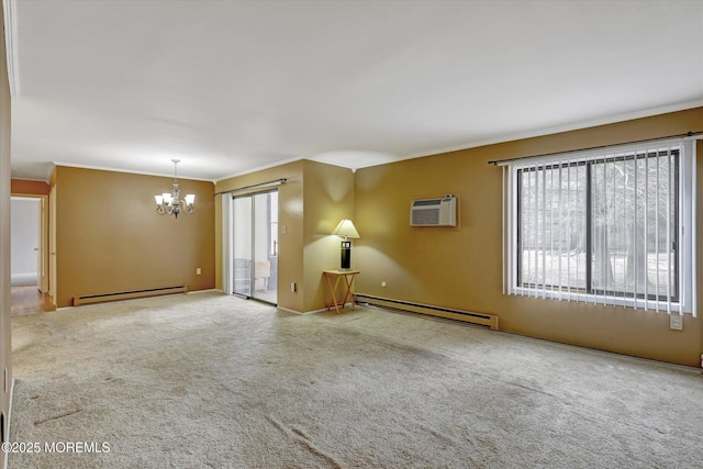 empty room featuring carpet floors, a chandelier, a wall mounted air conditioner, and baseboard heating