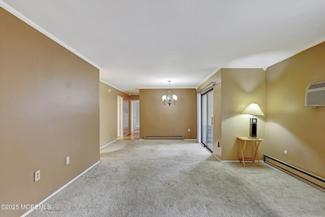 carpeted spare room featuring a baseboard radiator, a notable chandelier, and baseboards