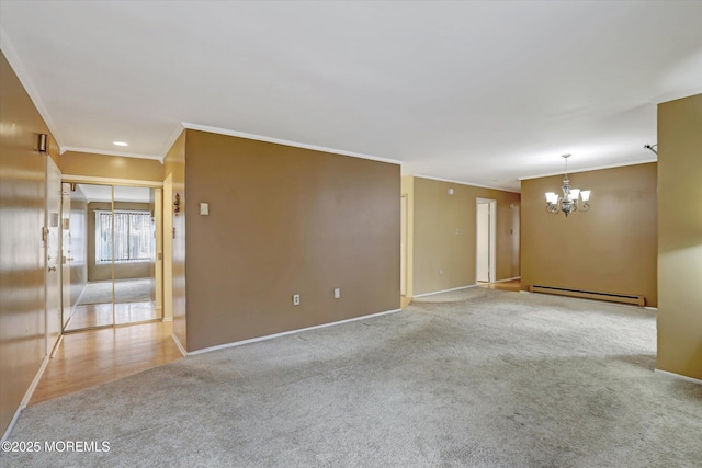 unfurnished room with a baseboard radiator, carpet flooring, baseboards, and an inviting chandelier