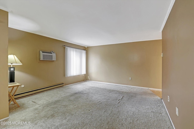 unfurnished room featuring a wall unit AC, baseboards, baseboard heating, carpet, and crown molding