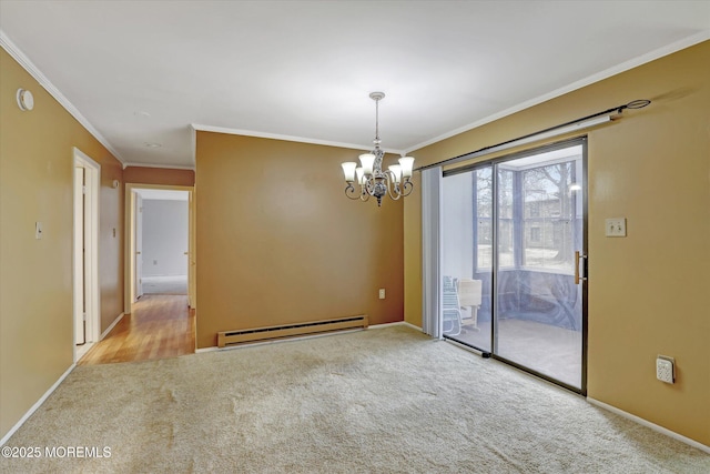 unfurnished room with a notable chandelier, a baseboard heating unit, carpet floors, baseboards, and ornamental molding