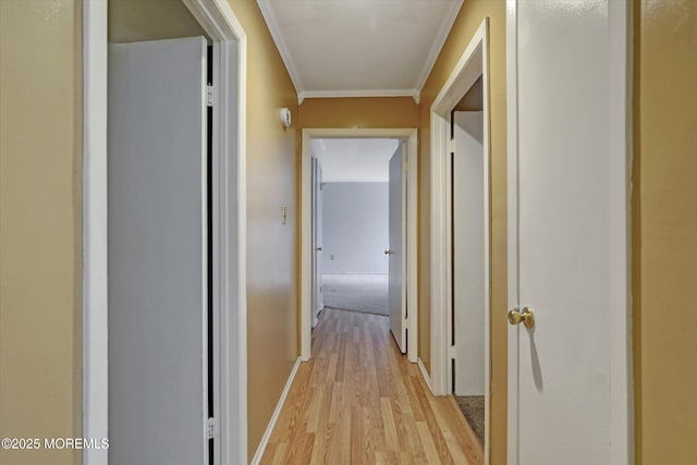 hallway featuring light wood-style floors, baseboards, and ornamental molding