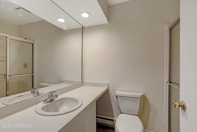 full bathroom with a baseboard radiator, toilet, recessed lighting, vanity, and an enclosed shower