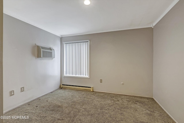 carpeted spare room featuring a baseboard heating unit, crown molding, and a wall mounted AC