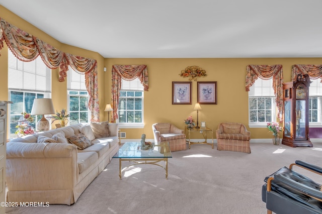 living area featuring carpet and baseboards