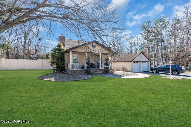 view of front of house with fence, a front yard, covered porch, a chimney, and a garage