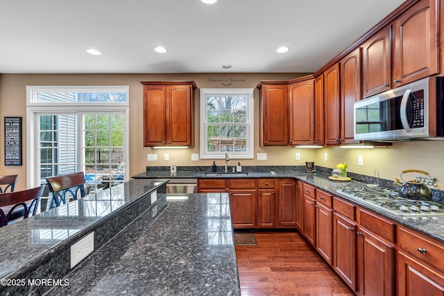 kitchen featuring dark wood-style flooring, stainless steel appliances, a sink, and recessed lighting