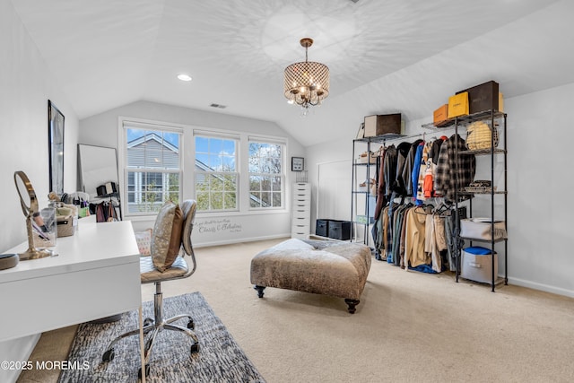 office featuring light carpet, baseboards, visible vents, lofted ceiling, and a chandelier