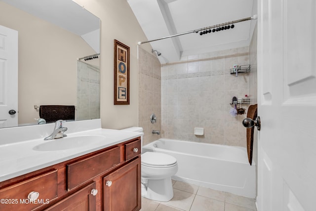 full bath featuring  shower combination, vanity, toilet, and tile patterned floors