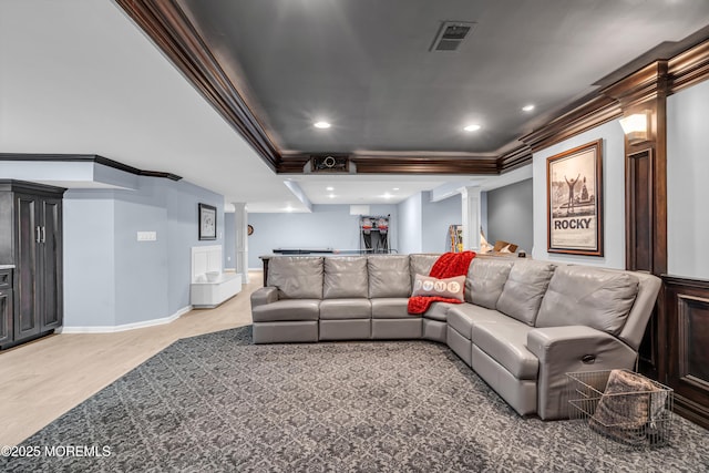 home theater with visible vents, ornamental molding, decorative columns, and recessed lighting