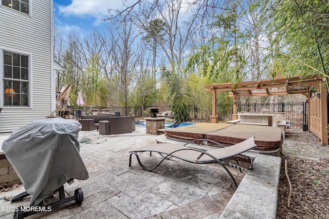 view of patio / terrace with fence, an outdoor kitchen, area for grilling, and a pergola