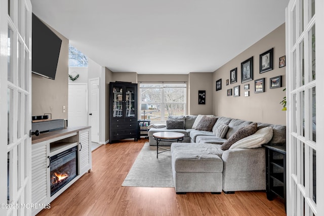 living room featuring light wood-type flooring and a glass covered fireplace