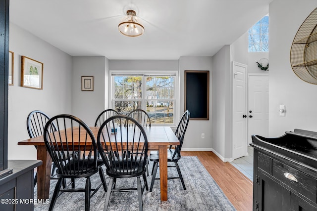 dining room with light wood finished floors and baseboards