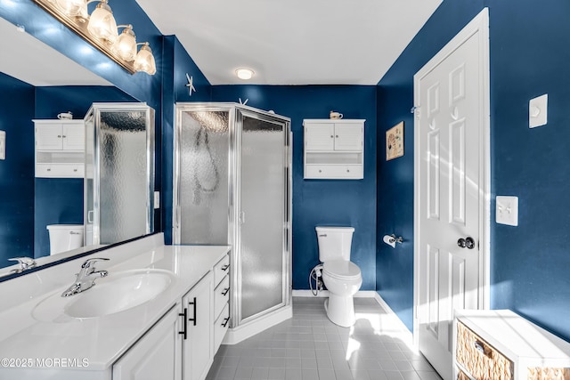 full bath featuring toilet, tile patterned floors, a shower stall, and vanity