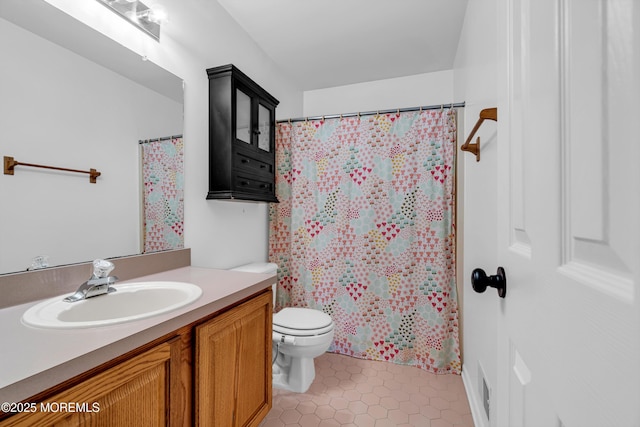 full bathroom with tile patterned flooring, toilet, a shower with shower curtain, visible vents, and vanity