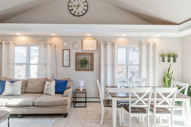 dining area featuring recessed lighting, a baseboard radiator, light tile patterned flooring, and a healthy amount of sunlight