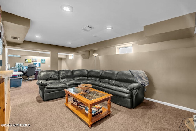 carpeted living room with baseboards, visible vents, and recessed lighting