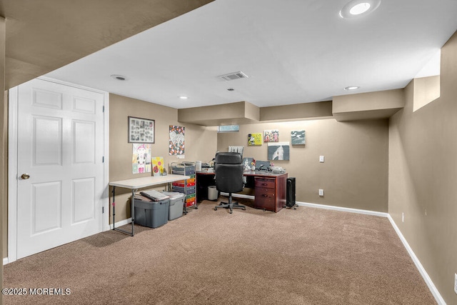 office area with carpet floors, recessed lighting, visible vents, and baseboards