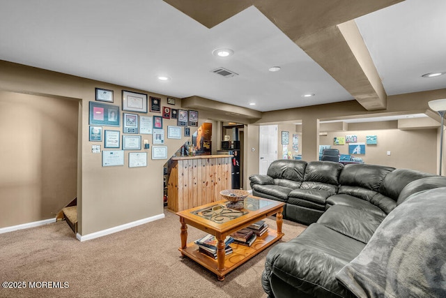 living room with light colored carpet, visible vents, baseboards, and recessed lighting