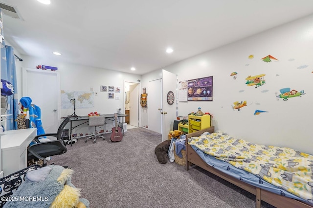 carpeted bedroom with recessed lighting and visible vents