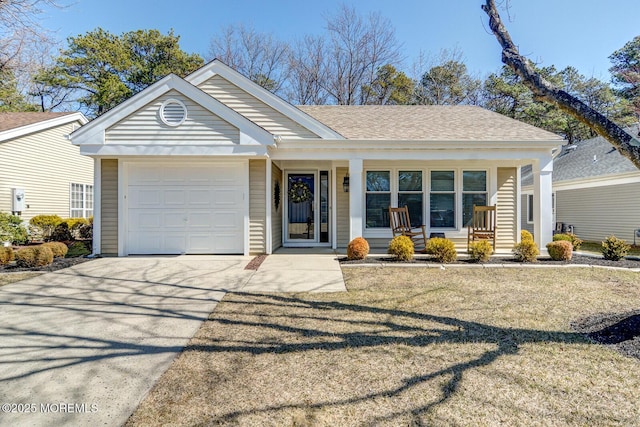 ranch-style home featuring covered porch, an attached garage, concrete driveway, and a shingled roof