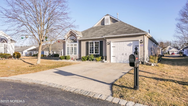 view of front of house featuring a front lawn, concrete driveway, roof with shingles, and an attached garage