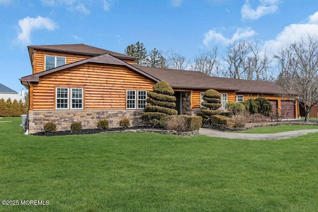 log home featuring a garage, concrete driveway, log veneer siding, stone siding, and a front lawn