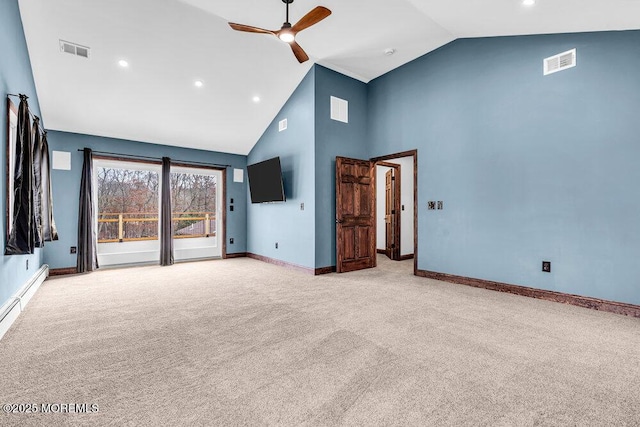 unfurnished living room with carpet floors, visible vents, and a ceiling fan