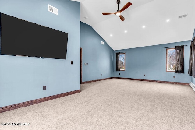 unfurnished living room featuring carpet floors, high vaulted ceiling, ceiling fan, and visible vents