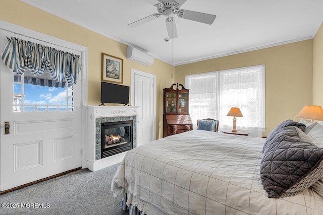 carpeted bedroom featuring ceiling fan, ornamental molding, an AC wall unit, and a multi sided fireplace