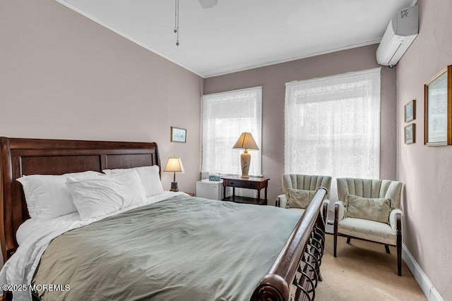 carpeted bedroom with ornamental molding, a wall mounted air conditioner, and baseboards