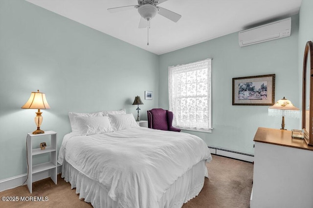 carpeted bedroom with ceiling fan, baseboard heating, a wall mounted AC, and baseboards