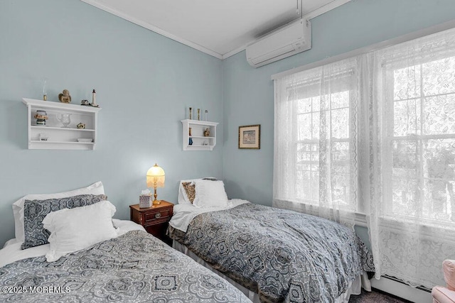 bedroom with ornamental molding, baseboard heating, and a wall mounted air conditioner