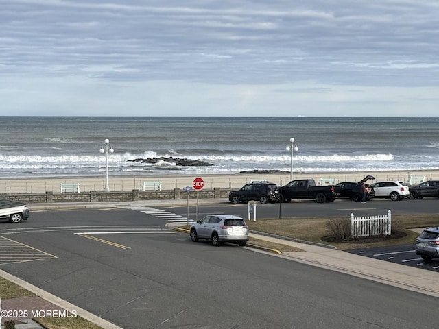 view of water feature with a beach view