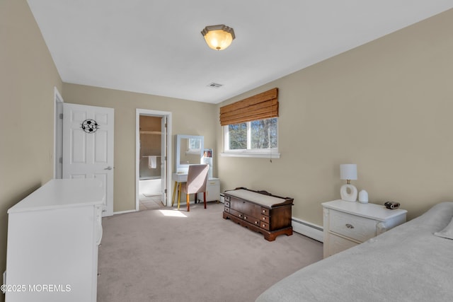 bedroom with light colored carpet, baseboard heating, and visible vents