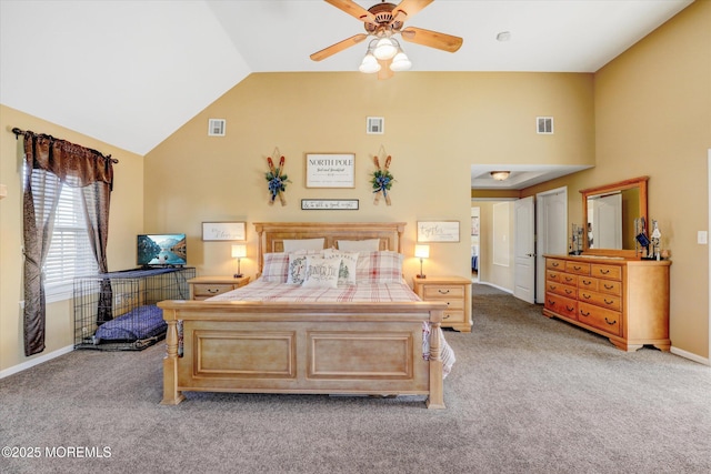 bedroom with high vaulted ceiling, light carpet, visible vents, and baseboards