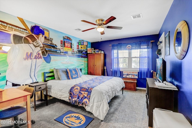 bedroom featuring carpet, visible vents, and a ceiling fan