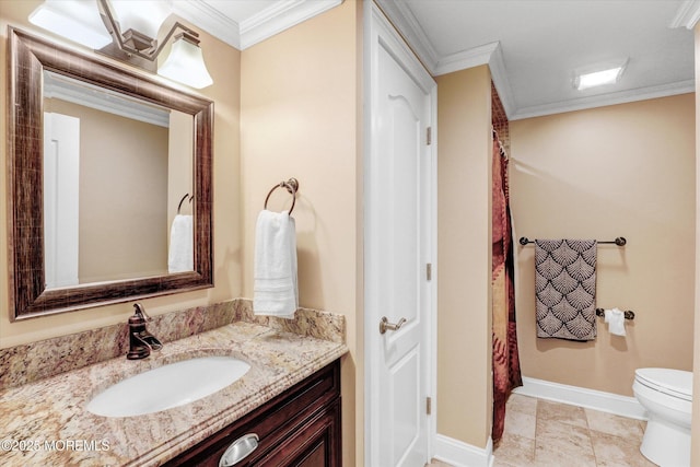 bathroom with a shower with shower curtain, toilet, ornamental molding, vanity, and baseboards