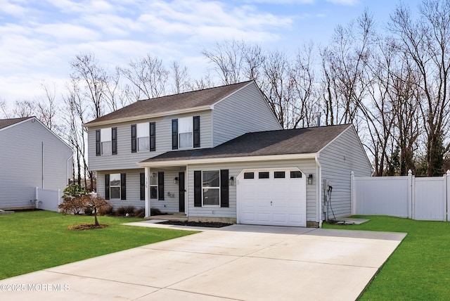 view of front of property with a gate, fence, concrete driveway, an attached garage, and a front yard