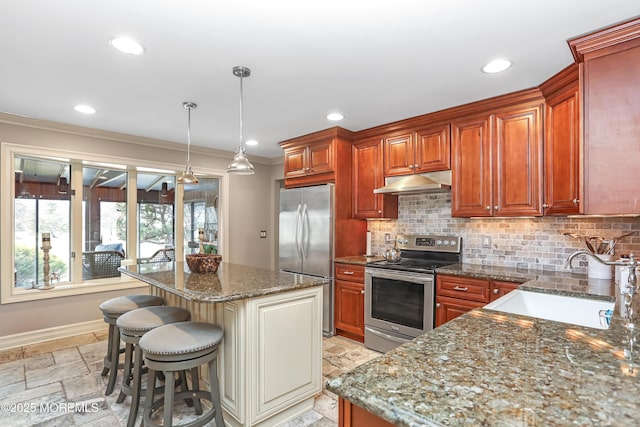 kitchen with stone tile floors, a sink, under cabinet range hood, appliances with stainless steel finishes, and tasteful backsplash