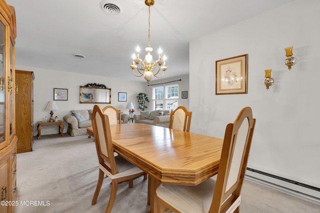 dining area featuring light colored carpet, a baseboard radiator, visible vents, and an inviting chandelier