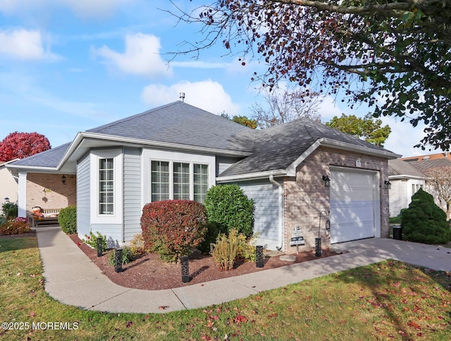 single story home with a garage, roof with shingles, concrete driveway, and brick siding