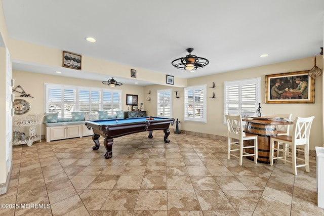 game room featuring a ceiling fan, recessed lighting, billiards, and baseboards