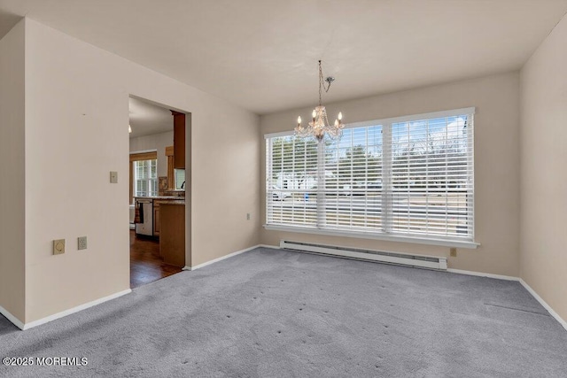 unfurnished dining area featuring carpet floors, an inviting chandelier, a baseboard radiator, and baseboards