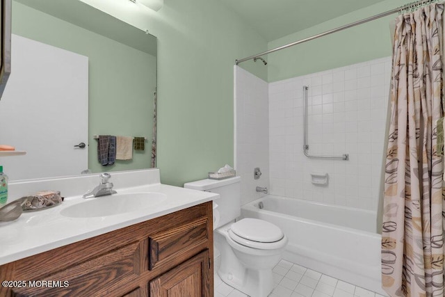 bathroom featuring tile patterned flooring, vanity, toilet, and shower / bath combo